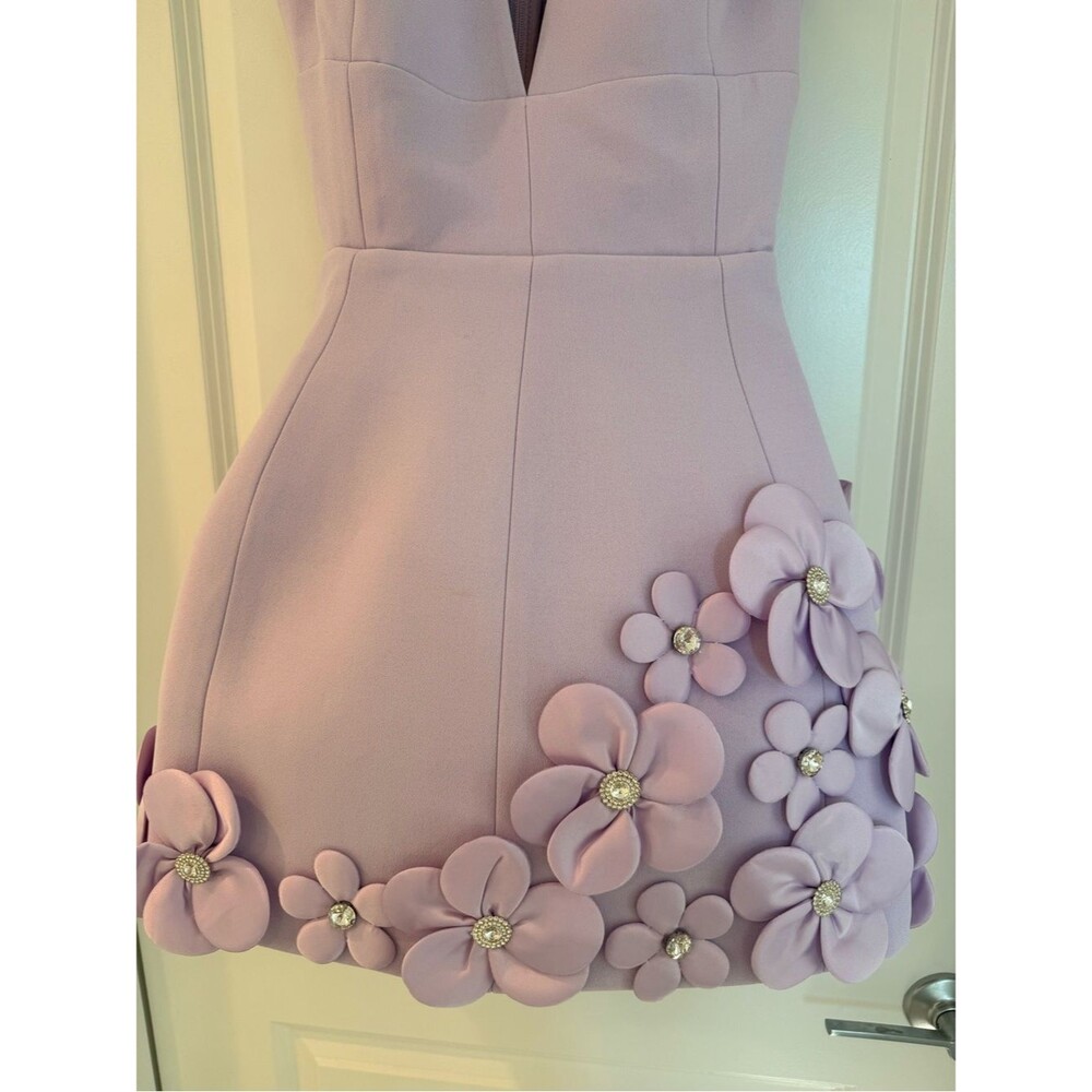 New Bronx Banco 3D floral Estelle Lavender Mini Dress, Lilac Floral Appliqué - Picture 10 of 16